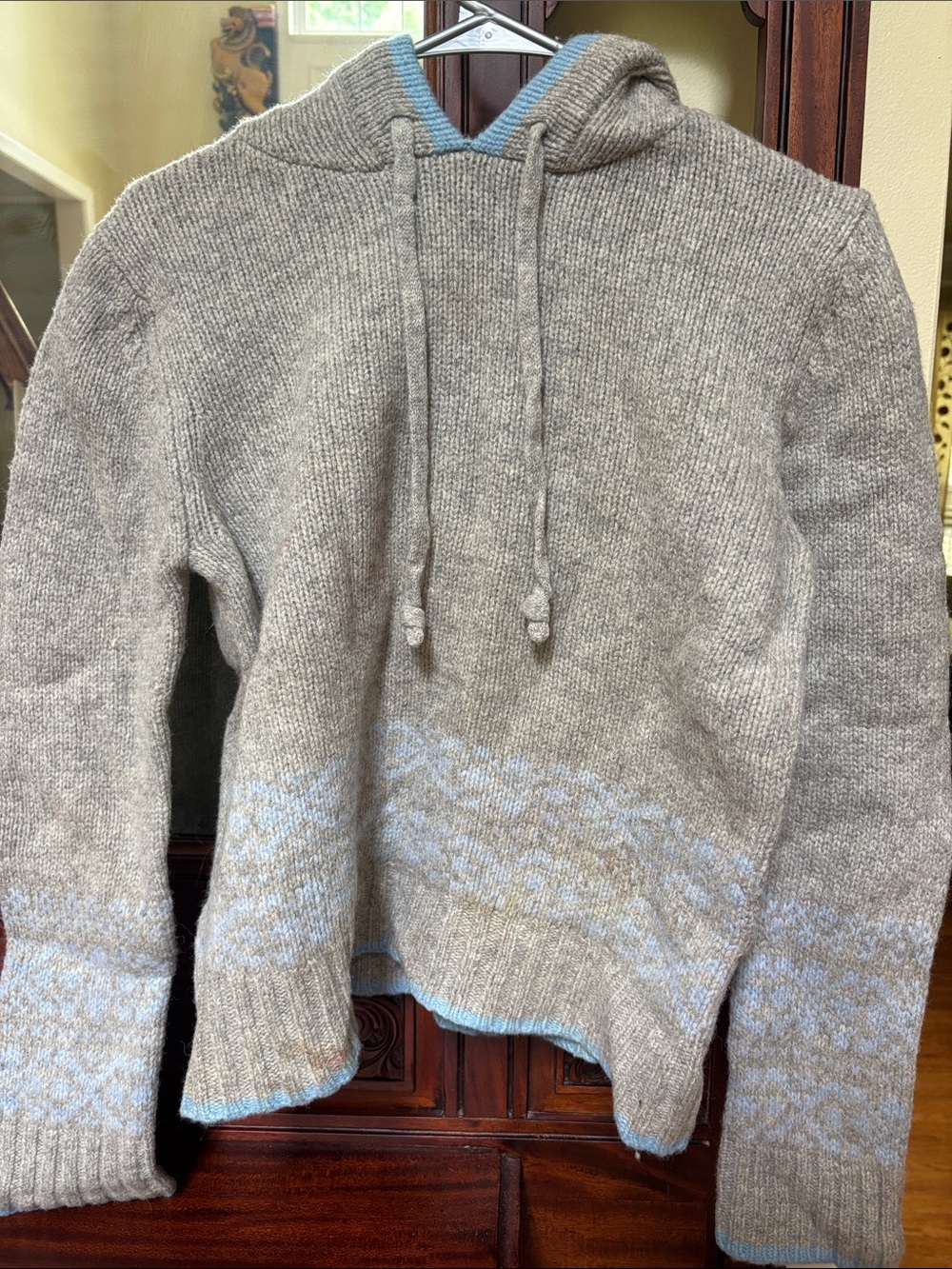 Lambswool Old Navy Grey and Blue Sweater with Hood and Tassle